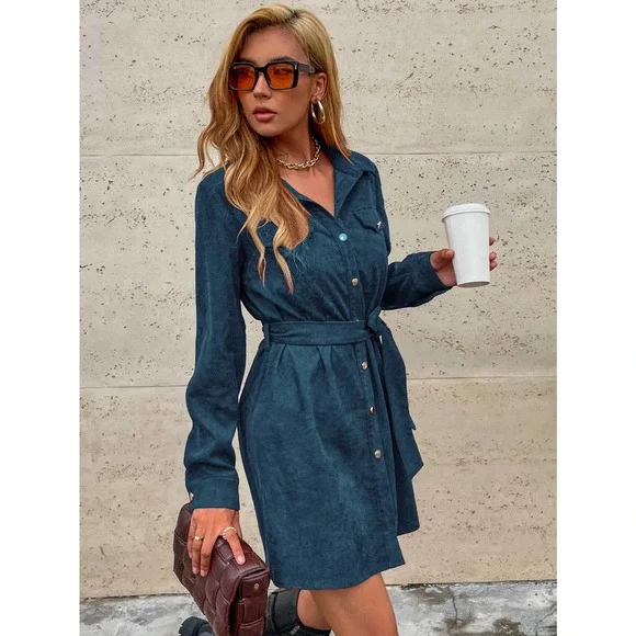 Corduroy Belted Shirt Dress rust orange - Picture 6 of 12